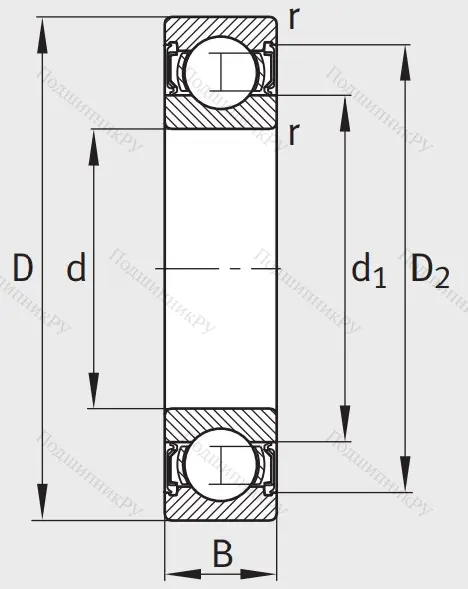 Однорядный шариковый подшипник 62208 A 2RSR